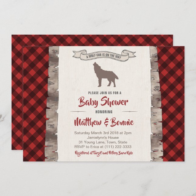 Wolf Cub Plaid Winter Forest Baby Shower For Boy Invitation (Front/Back)