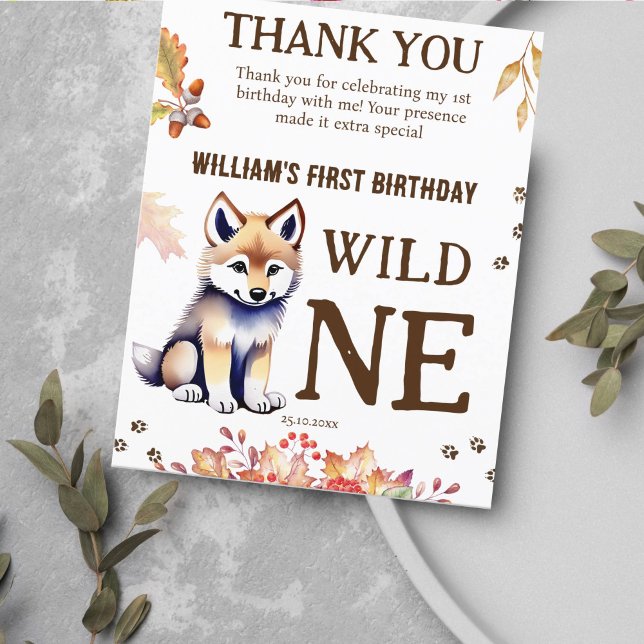 Wolf cub wild one birthday party thank you card (Wild one wolf themed birthday party thank you card cute wolf puppy fall foliage thank you card)