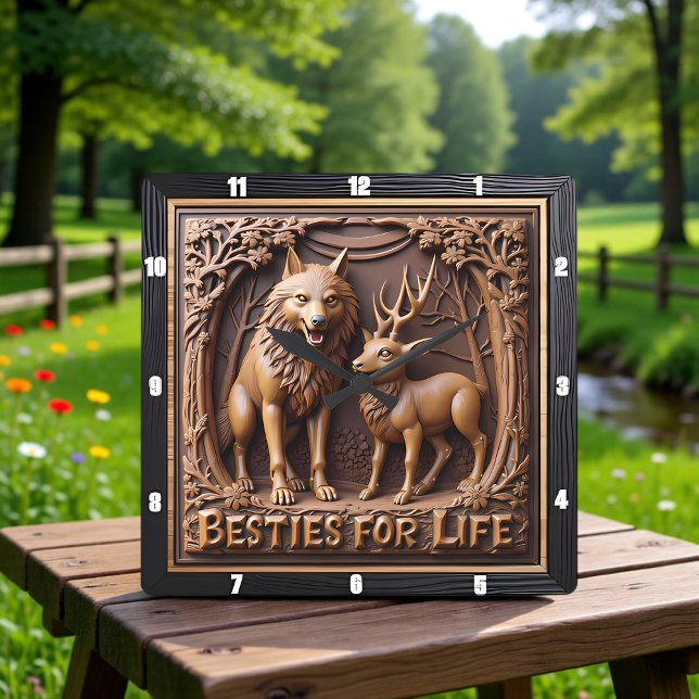 Wolf Deer Pair Wood Carving Square Wall Clock (Creator Uploaded)