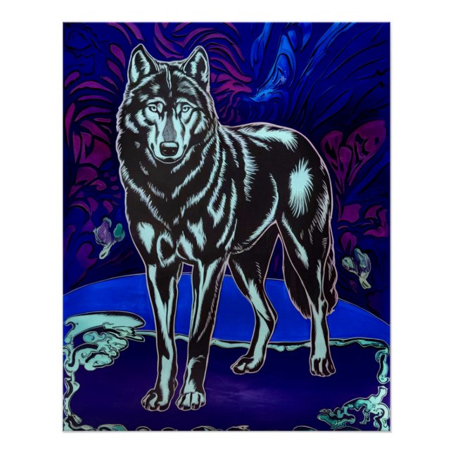 Wolf Design Glossy Art Poster Blue Purple (Front)