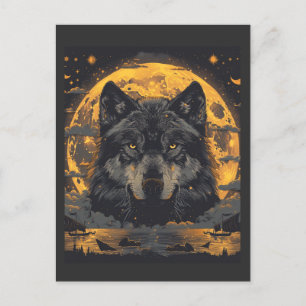 Wolf Design Postcard with Full Moon Stars