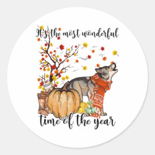 Wolf Dog Fall Pumpkins Autumn Leaf Tree Classic Round Sticker
