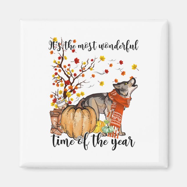 Wolf Dog Fall Pumpkins Autumn Leaf Tree  Magnet (Front)