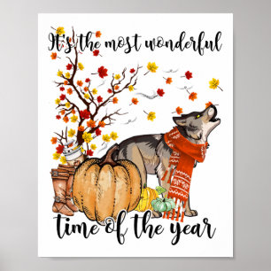 Wolf Dog Fall Pumpkins Autumn Leaf Tree Poster