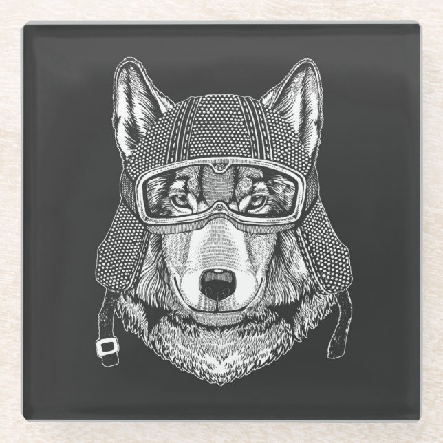Wolf Dog Motorcycle Rider Glass Coaster (Front)