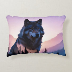 Wolf Double Exposure Animal Nature Wilderness Wild Decorative Cushion