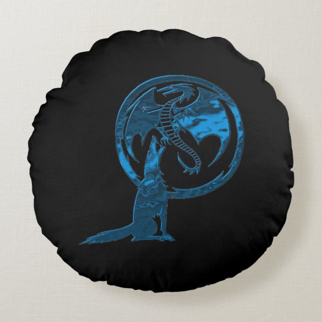 Wolf & Dragon Blue round black cotton pillow (Front)