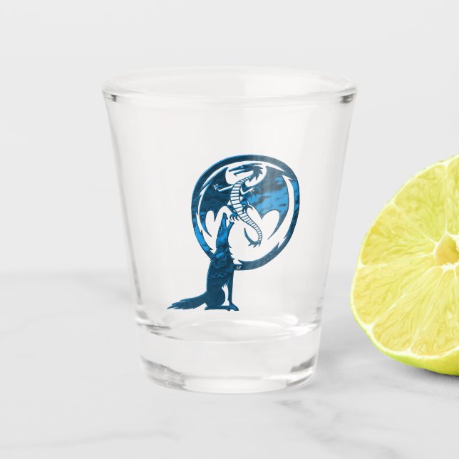 Wolf & Dragon blue shot glass (Front)