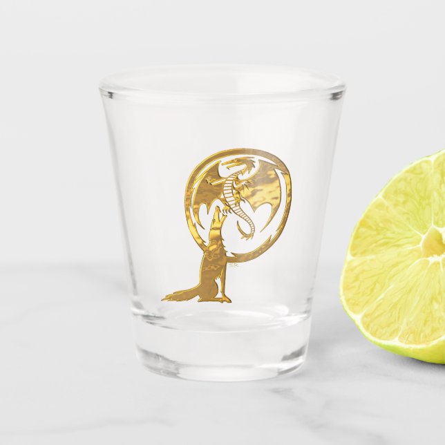 Wolf & Dragon gold shot glass (Front)