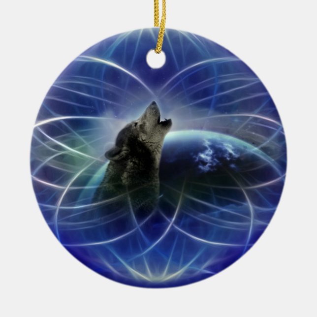 Wolf dreamcatcher christmas tree ceramic ornament (Front)