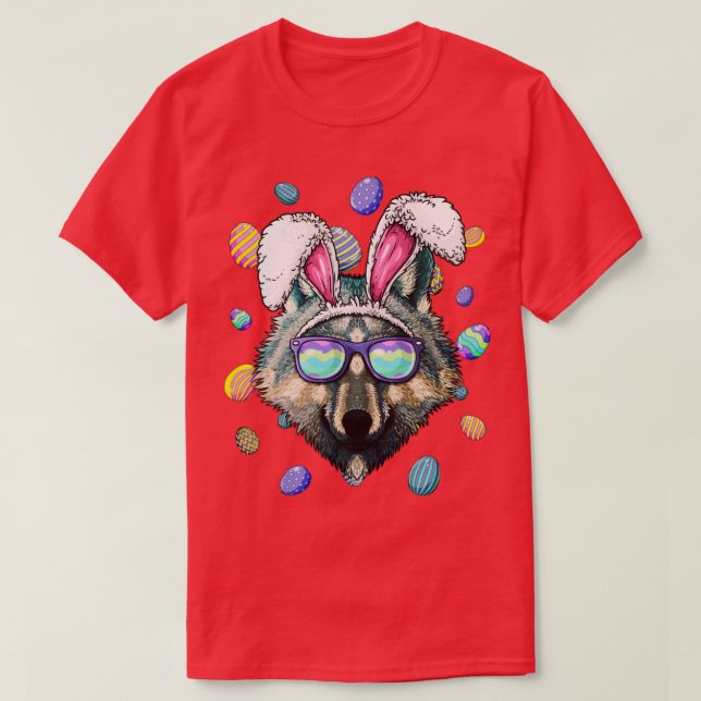Wolf Easter Bunny Ears Funny Easter Eggs Hunting T-Shirt (Design Front)