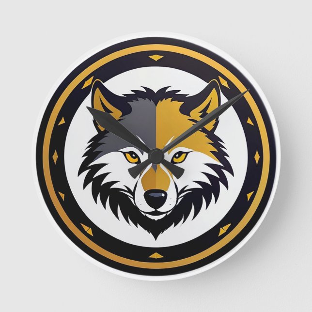 Wolf Emblem Logo With Golden Circle Round Clock (Front)