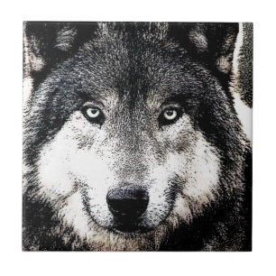 Wolf Eyes - Black & White Wild Animal Artwork Ceramic Tile