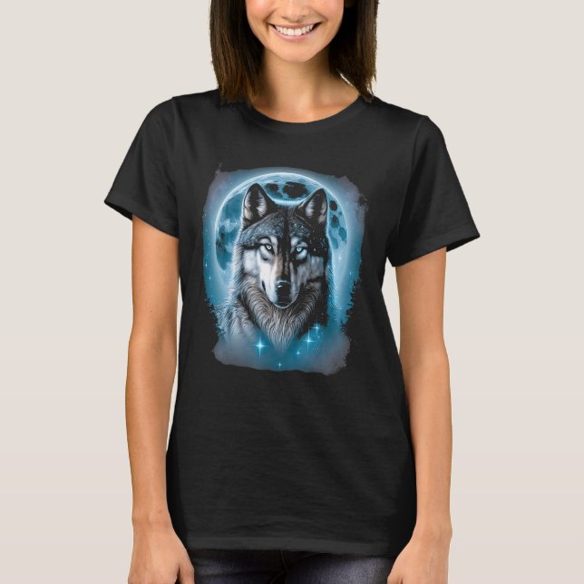 Wolf Face and Moon Graphic T-Shirt (Front)