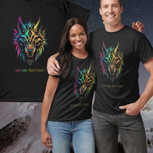 Wolf face colourful airbrush Nurture that beast T-Shirt (Creator Uploaded)