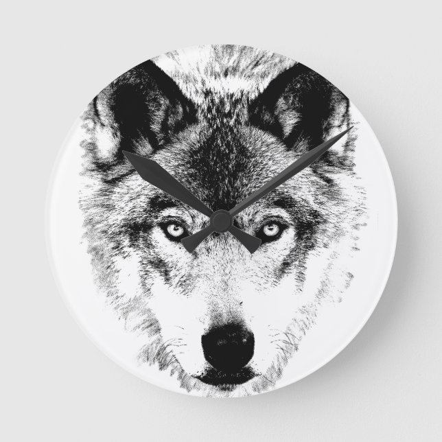 Wolf Face. Digital Wildlife Image. Round Clock (Front)