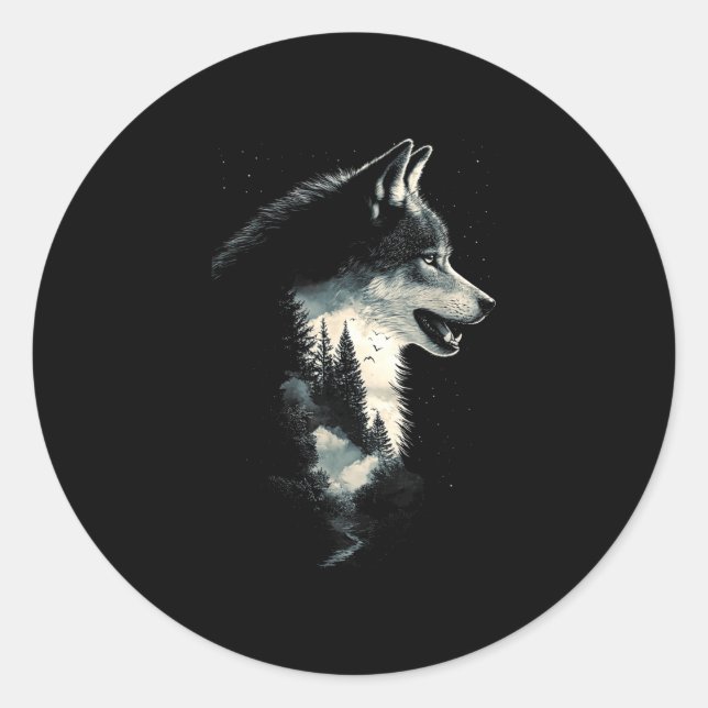 Wolf face forest nature animals howling bird classic round sticker (Front)
