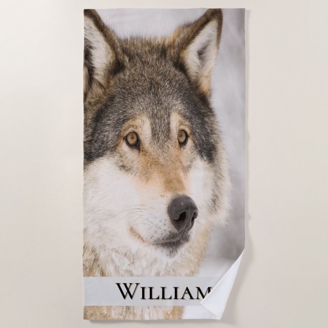 Wolf face head wildlife winter forest name beach towel (Front)