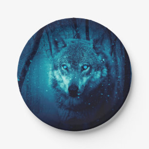 Wolf face in dark fantasy forest paper plate