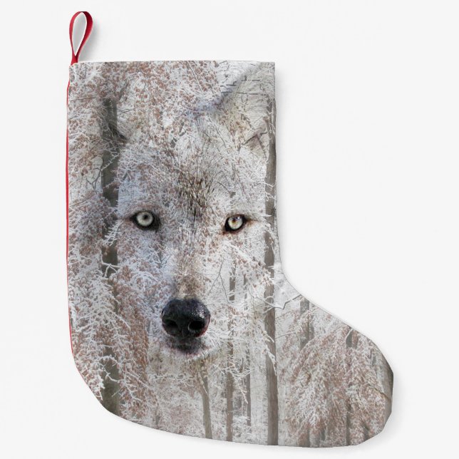 Wolf face in snow woods small christmas stocking (Front)