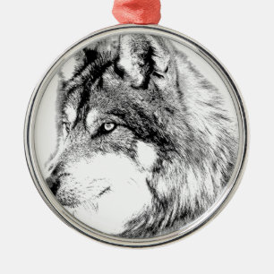 Wolf Face. Majestic Wolf Gazes Into The Distance. Metal Tree Decoration