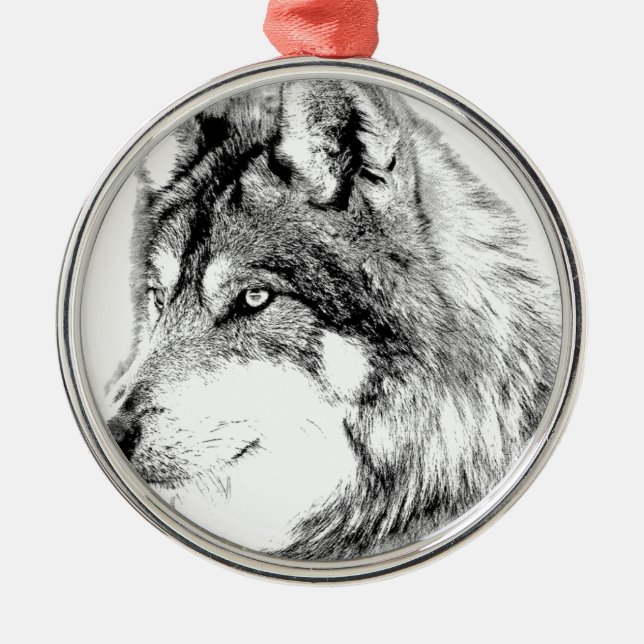 Wolf Face. Majestic Wolf Gazes Into The Distance. Metal Tree Decoration (Front)