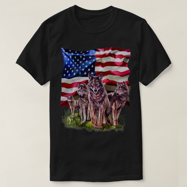 Wolf Family with Flag of USA  T-Shirt (Design Front)