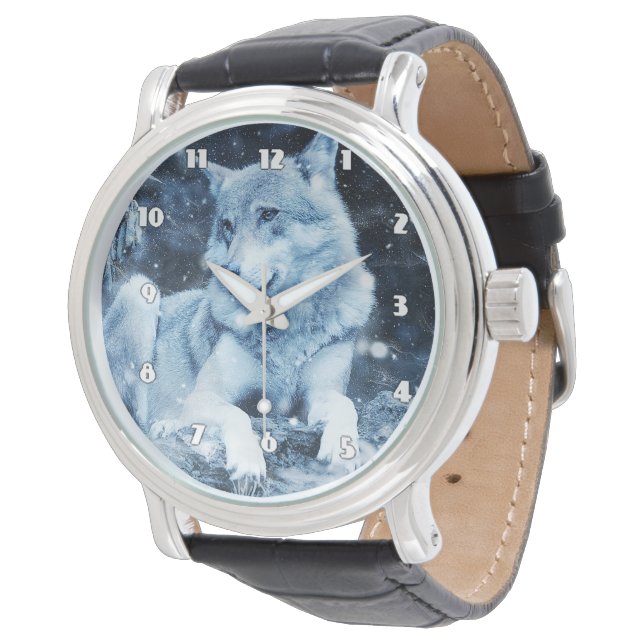 Wolf Fantasy Men's Black Leather Strap Watch (Angled)