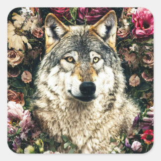 Wolf floral square sticker