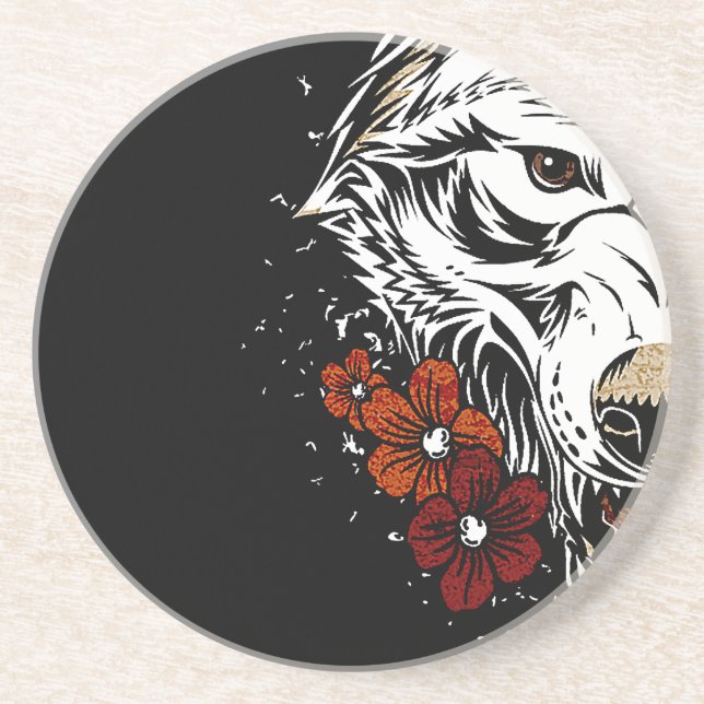 Wolf Flower Tatoo Vintage Coaster (Front)