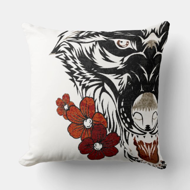 Wolf Flower Tatoo Vintage Cushion (Front)