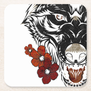 Wolf Flower Tatoo Vintage Square Paper Coaster