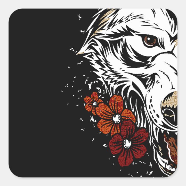 Wolf Flower Tatoo Vintage Square Sticker (Front)