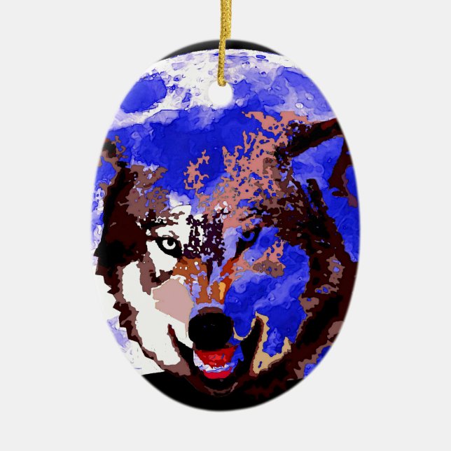 Wolf & Full Moon Ceramic Tree Decoration (Front)