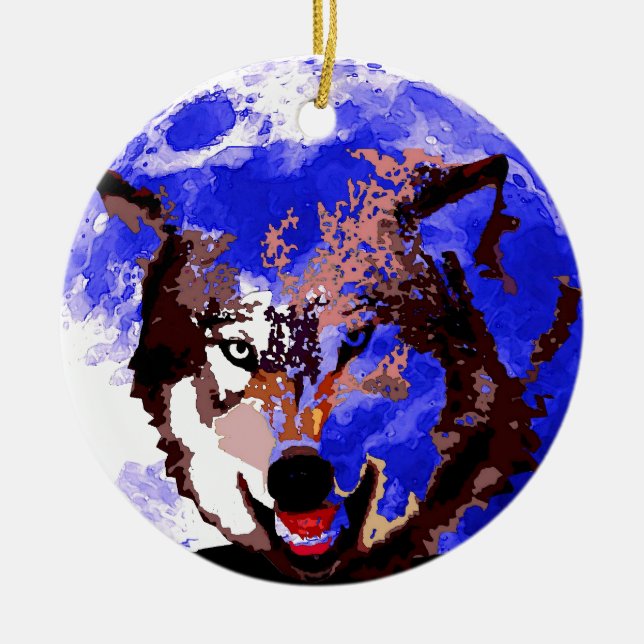 Wolf & Full Moon Ceramic Tree Decoration (Front)