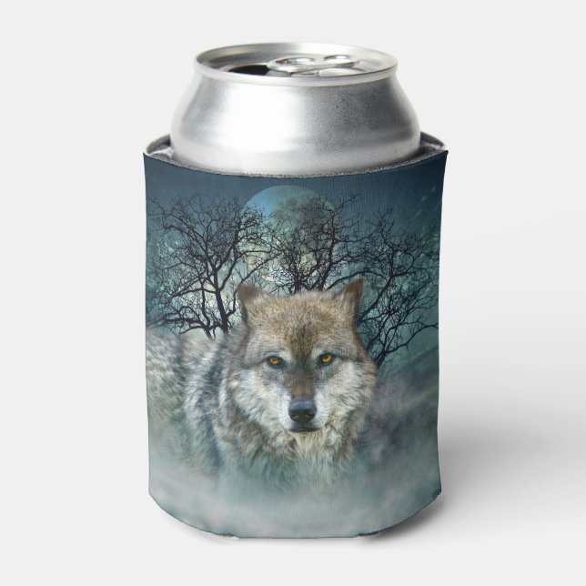 Wolf Full Moon in Fog Can Cooler (Can Front)