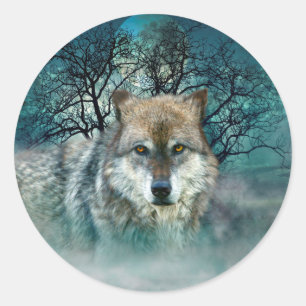 Wolf Full Moon in Fog Classic Round Sticker