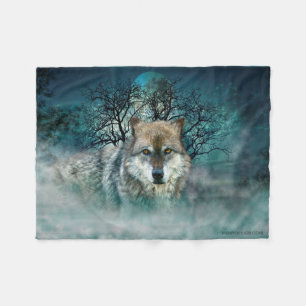 Wolf Full Moon in Fog Fleece Blanket