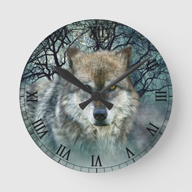 Wolf Full Moon in Fog Round Clock (Front)