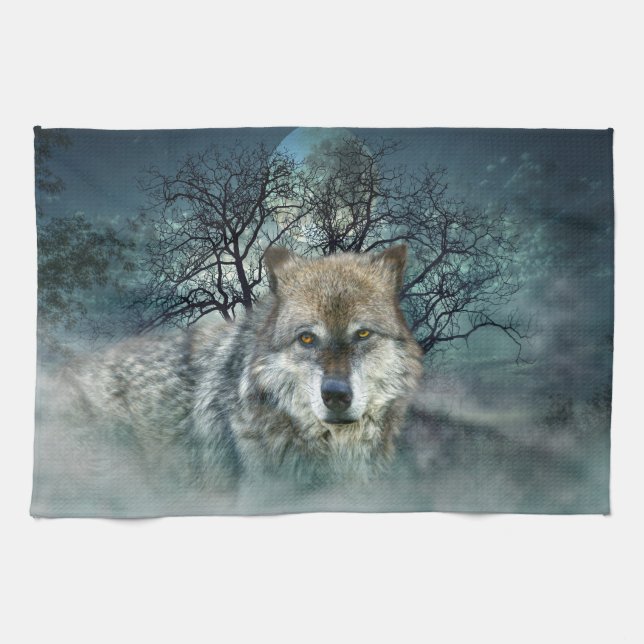 Wolf Full Moon in Fog Tea Towel (Horizontal)