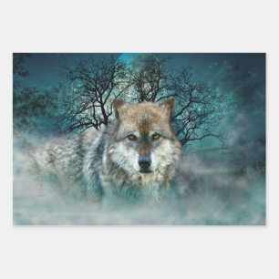 Wolf Full Moon in Fog Wrapping Paper Sheet