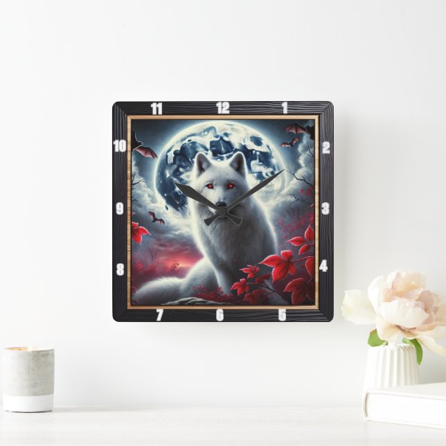 Wolf Full Moon  Mystical Bats in Vibrant Colours Square Wall Clock (Home)