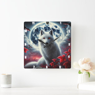 Wolf Full Moon  Mystical Bats in Vibrant Colours Square Wall Clock
