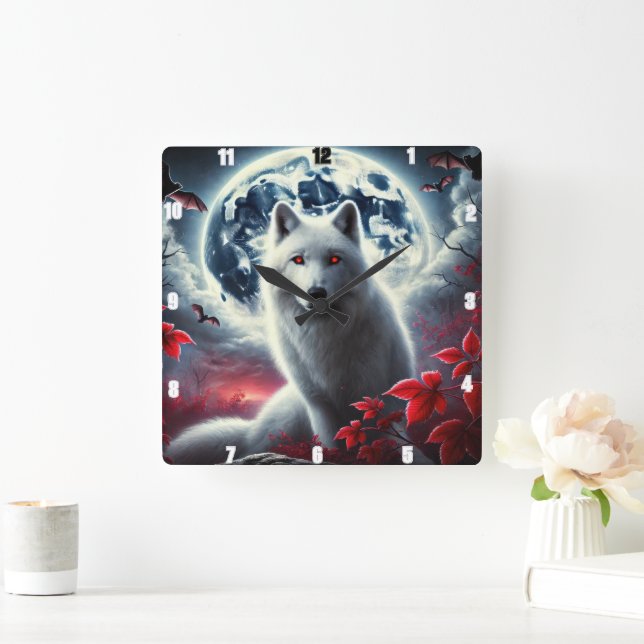 Wolf Full Moon  Mystical Bats in Vibrant Colours Square Wall Clock (Home)