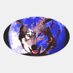 Wolf & Full Moon Oval Sticker