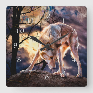 WOLF FULL MOON REACTIONS SQUARE WALL CLOCK
