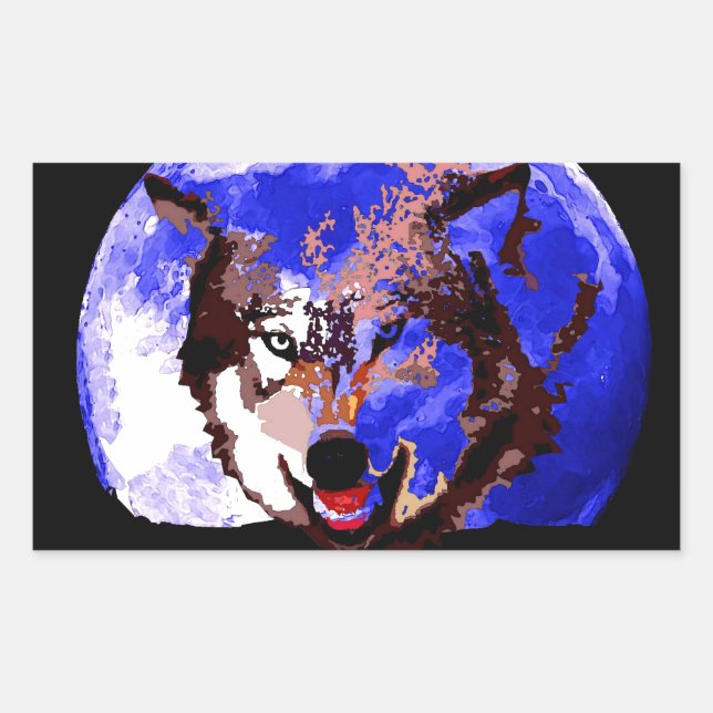 Wolf & Full Moon Rectangular Sticker (Front)