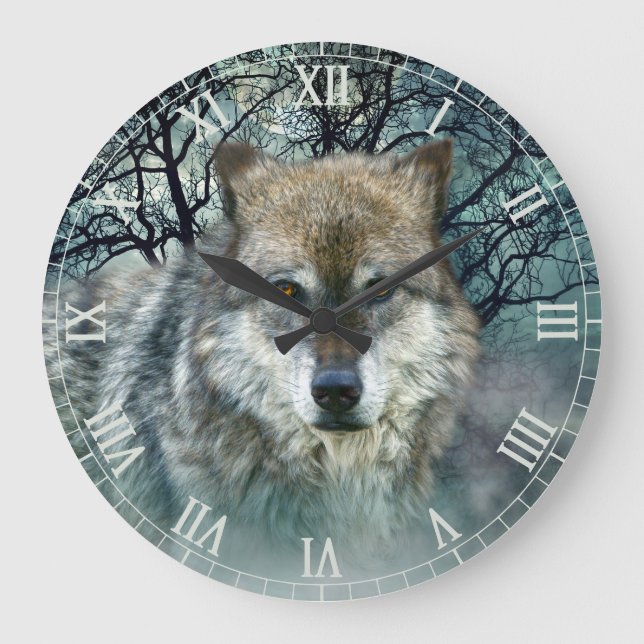 Wolf Full Moon Roman Numbers Large Clock (Front)