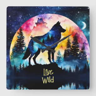 Wolf full moon watercolor trees square wall clock