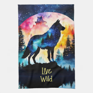 Wolf full moon watercolor trees tea towel